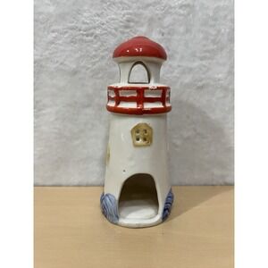 Ceramic Lighthouse Tealight Candle Holder White Red Blue Coastal Nautical 6"